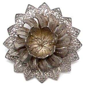 Vintage 900 Silver Brooch Pin Filigree Hand Spun Wire  Floral Collectible 2"